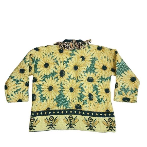 Vintage Cardigan Large Tapestry Blanket Sunflower Open Front Floral Fringe Its i - Picture 3 of 4
